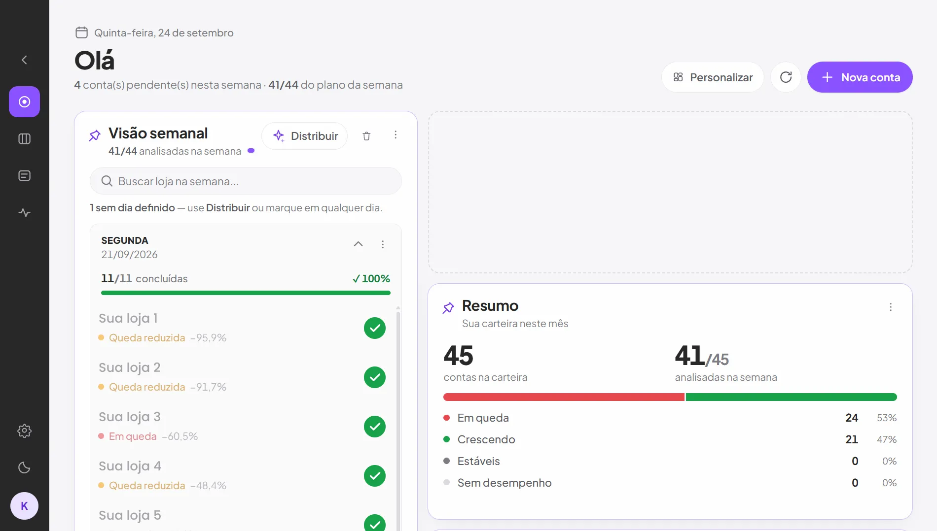 Tela do Workspace modular com a visão semanal das contas, o espaço livre de um card tirado do lugar e o resumo da carteira.